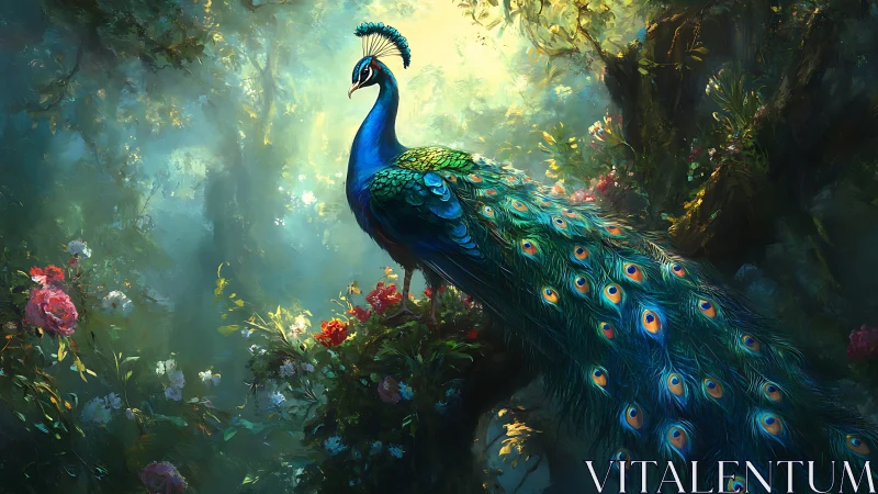 Forest peacock holds court beneath a waterfall of light