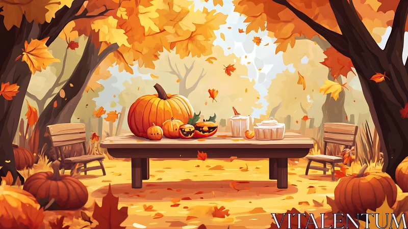 Pumpkin picnic table anchors a cozy golden autumn grove