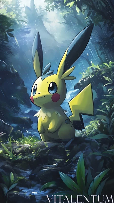 Electric creature in rainy forest clearing at dawn.