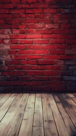 Red brick wall with worn wooden floor background.