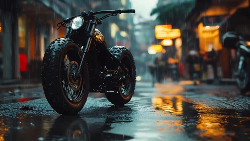 Custom motorcycle glowing in rainy neon city street night.