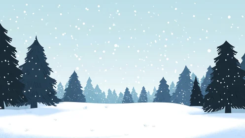 Snow-covered conifer forest is depicted under falling snowflakes
