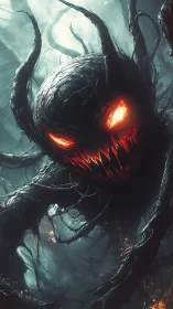 Demonic forest entity emerges with molten eyes and teeth