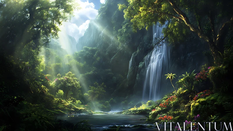 Luminous Waterfall Through Verdant Canyon.