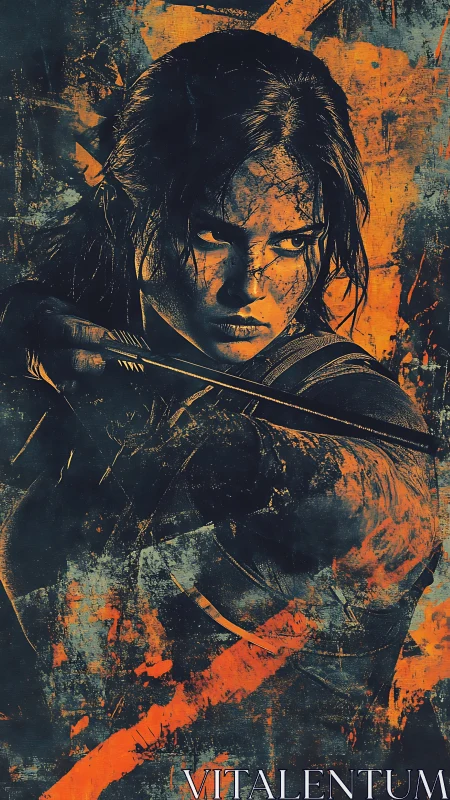 Fierce archer ignites the battlefield in molten shadowed grit.