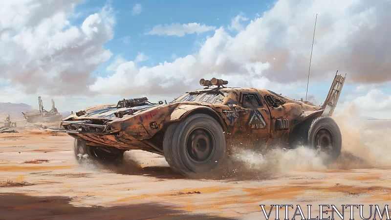 Postapocalyptic desert assault car kicking dust clouds.