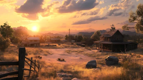 Procedural frontier homestead at volumetric desert sunset.