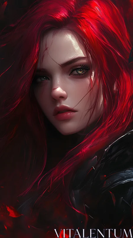 Red haired female portrait with scar in dark setting.