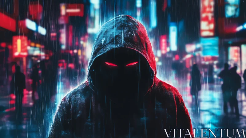Hooded figure with red eyes in neon lit rainy city street.