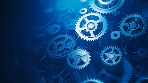 Interlocking metallic gears in luminous blue depth field.