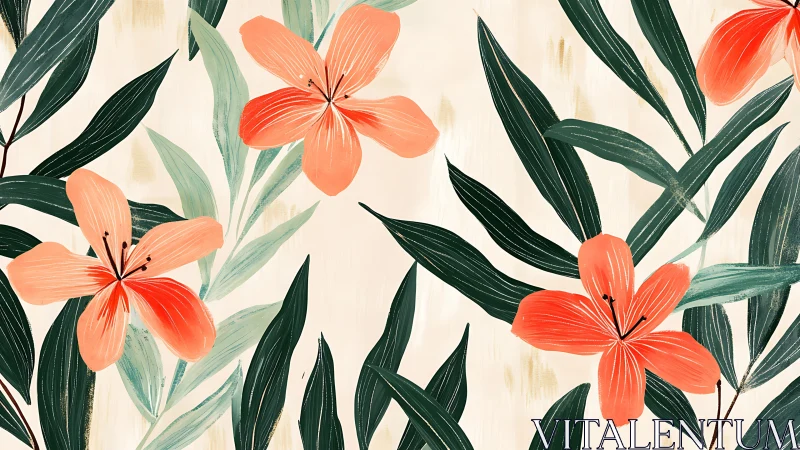 Coral botanical florals with verdant foliage and detailed linear veining.