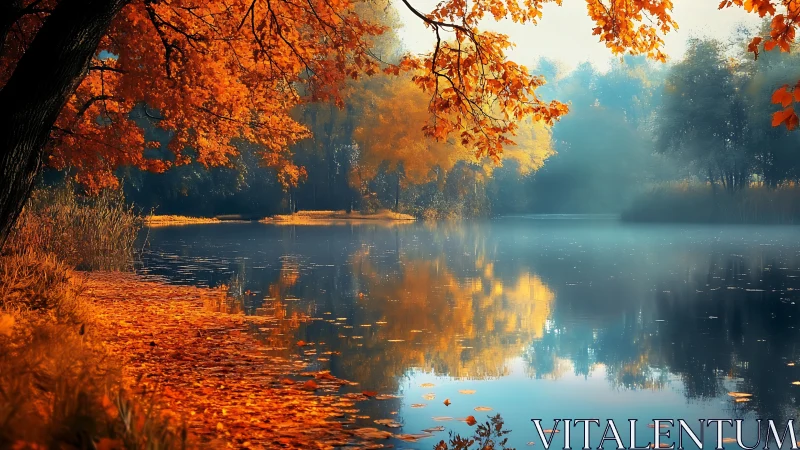 Photorealistic autumn lakeside with reflective foliage symmetry.