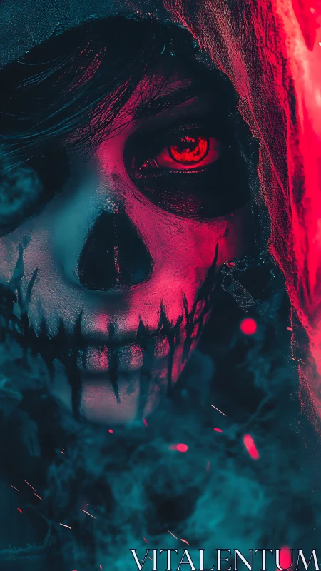 Neon reaper gaze ignites the dark with electric dread.