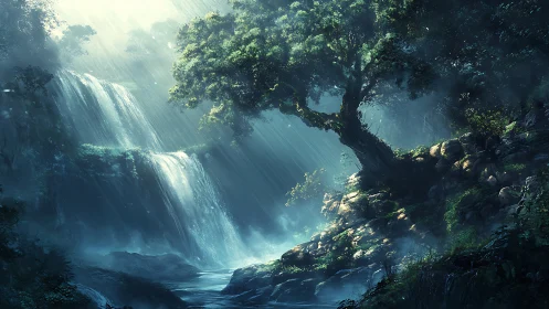 Luminous cascade carves through emerald wilderness with divine rays