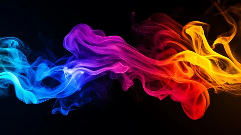 Colorful flowing smoke waves on dark black background.