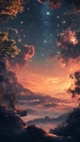 Dreamy starlit valley glows gently beneath a warm sunset sky