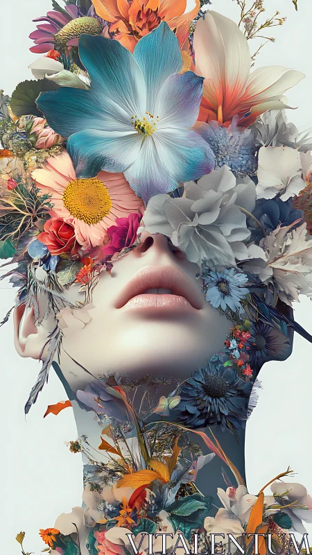 Lush blossoms gently cradle a dreaming floral human face