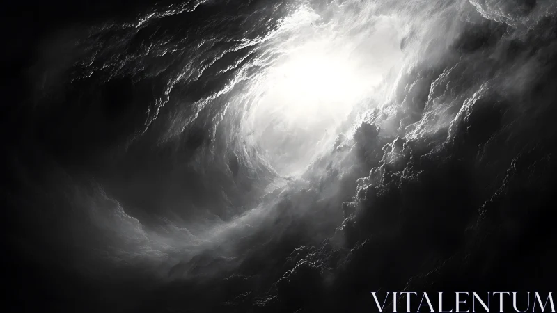 Volumetric luminance vortex within turbulent monochrome cloudfield.