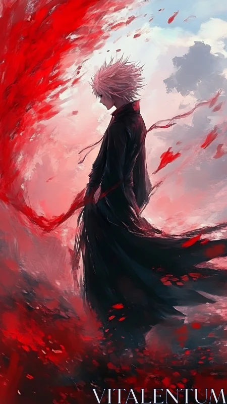 Lone white haired warrior wrapped in swirling crimson storm.