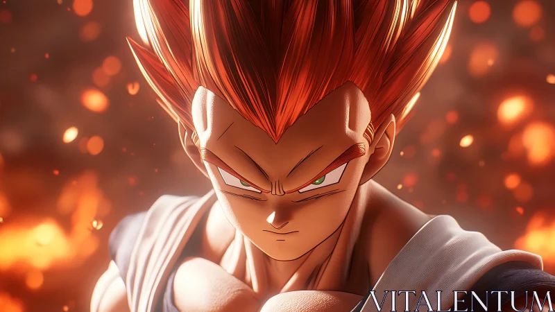 Intense anime warrior portrait amid glowing ember field