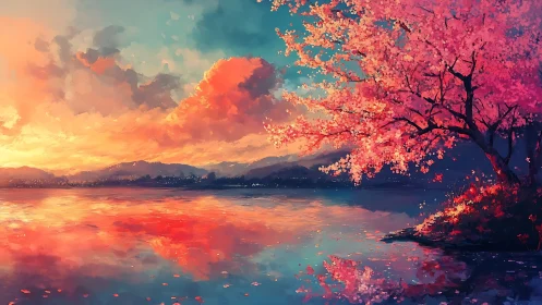 Sunset cherry blossom tree reflects over tranquil lake