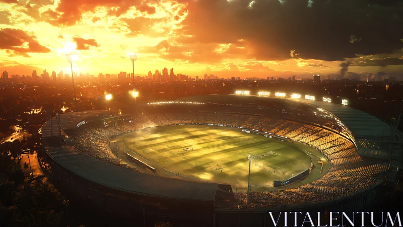 Sunset cricket stadium glowing above the buzzing city.