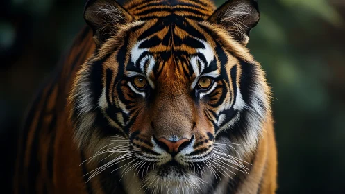 Close frontal view of tiger with detailed facial markings.