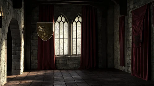 Sunlit medieval hall wrapped in deep crimson drapery.