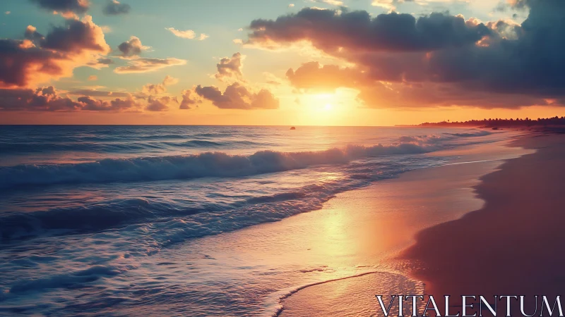 Coastal shoreline with breaking waves at sunset horizon.
