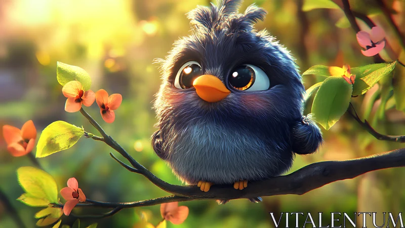 Adorable Cartoon Bluebird on a Branch in Vibrant Spring Light.