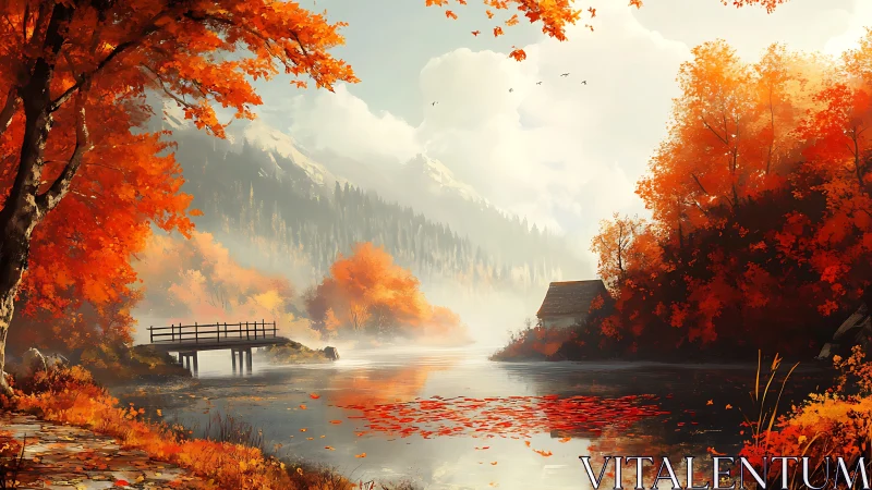 Mountain lake landscape shows vivid autumn trees and bridge