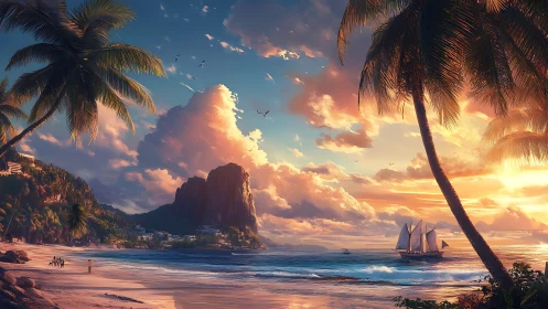 Tropical Beach Sunset with Sailing Ship and Island Cliffs