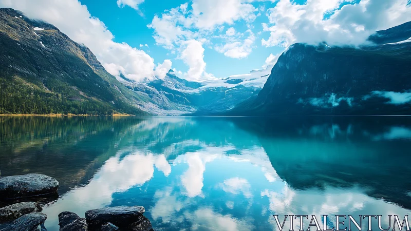 Mirror-bright fjord cradles skyblue peaks and drifting clouds.