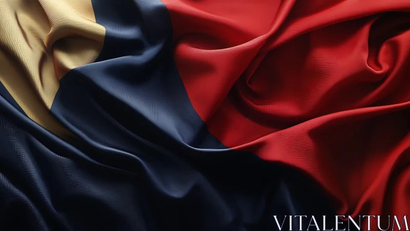 Tricolor flag fabric with deep folds in red, blue, gold.