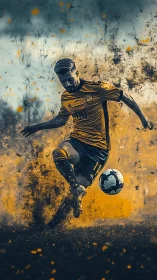 Dynamic soccer forward in explosive golden dust motion art.