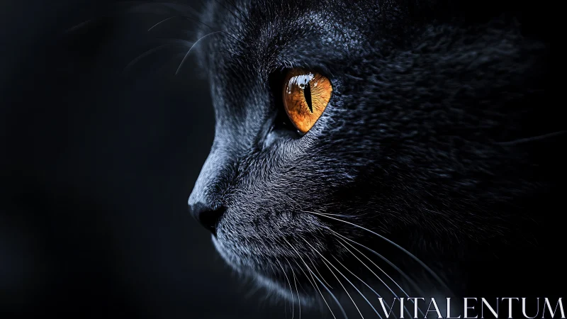 Close-up black cat with striking golden amber eyes on dark background.