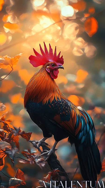Rooster Perched Against Golden Bokeh.