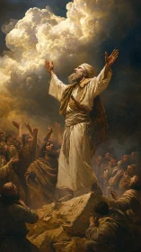 Oil painting of prophetic leader on rock under luminous clouds.