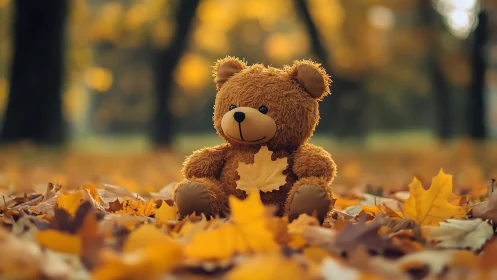Plush teddy bear isolated in shallow‑focus autumn leaf carpet scene