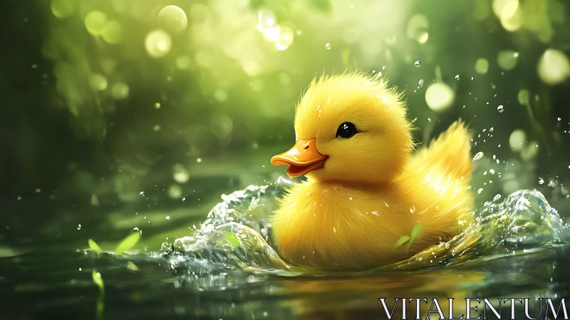 Yellow duckling splashing in bright green pond water.