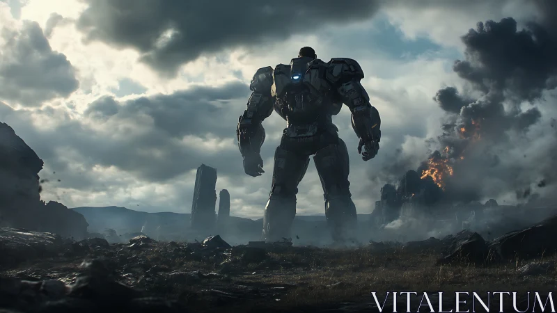 Armored mech overlooks burning battlefield under storm clouds