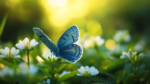 Sky-tinted butterfly resting in a sunlit meadow hush.