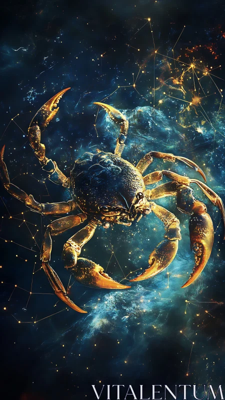 Golden cosmic crab against starry blue nebula sky.