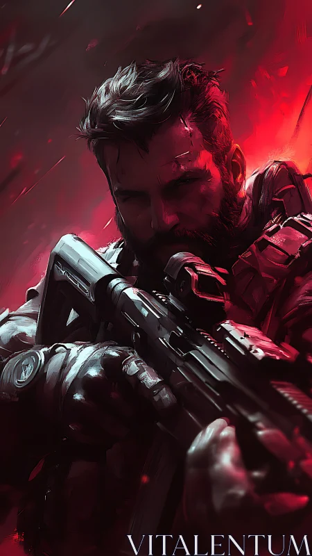 Battle-hardened soldier steadies his rifle in crimson haze