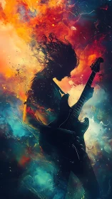 Silhouette guitarist in explosive abstract color storm.