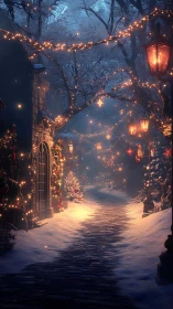 Snowy village lane lit by warm Christmas street lights.