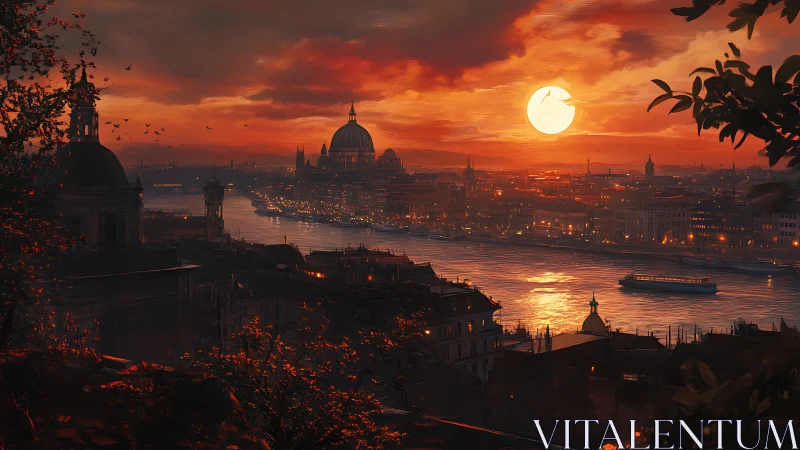 Hydrodynamic sunset over domed riverfront metropolis panorama.