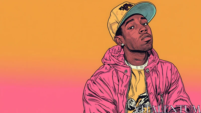 Gradient skies frame a cool pink-jacket rebel in quiet swagger