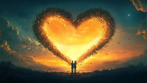 Two Souls Standing Together Under a Heart-Shaped Flame