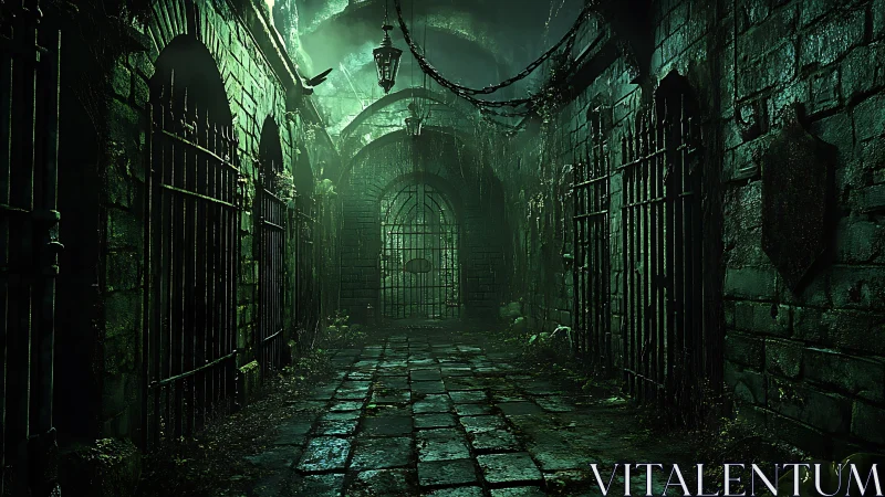 Foggy green dungeon corridor stretches toward iron gate